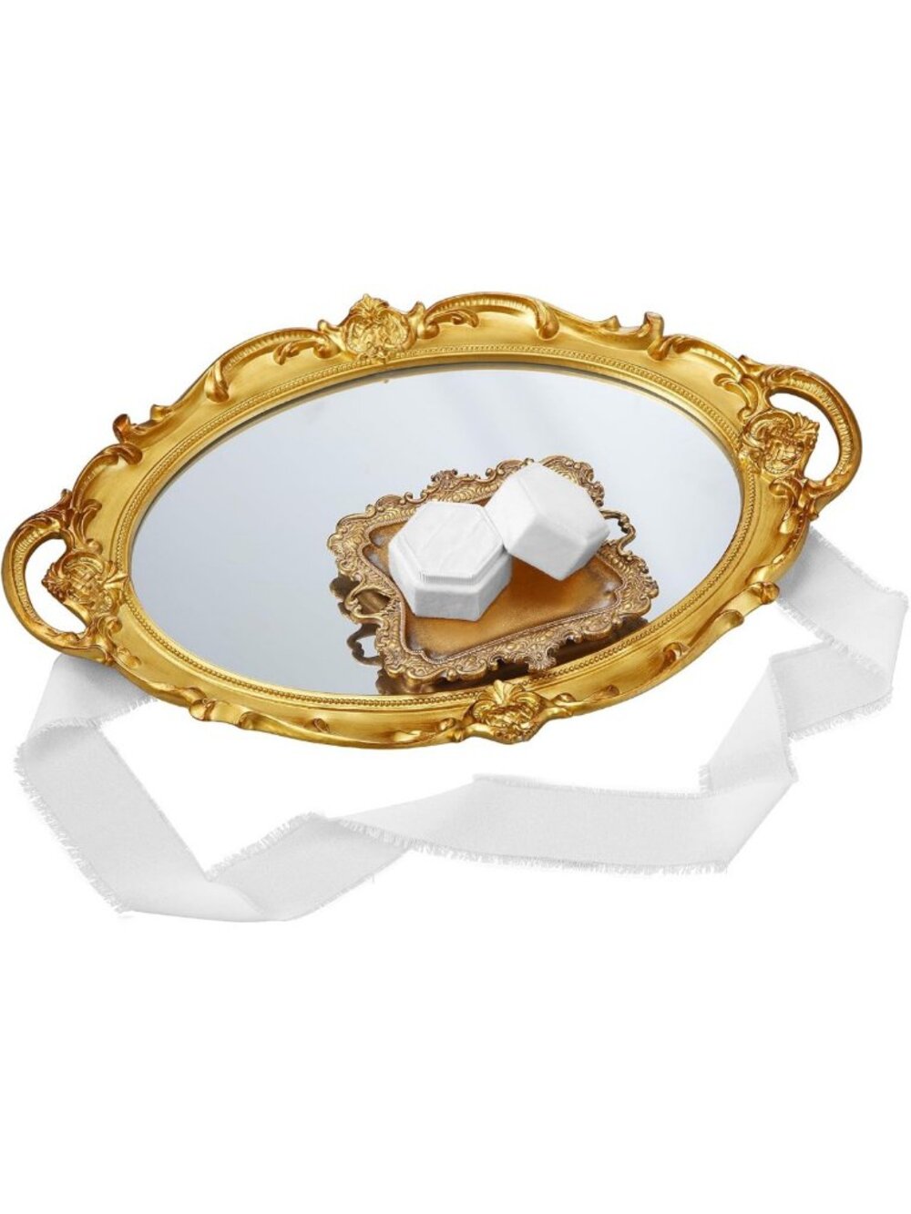 4-Piece Vintage Gold Jewelry Tray Set with Mirror & Ring Box - Elegant Storage